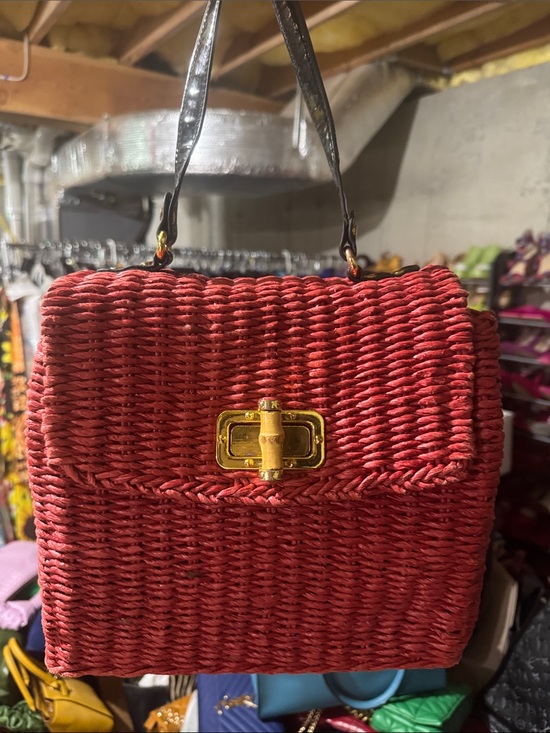 Handbags - Red Woven Top-Handle Bag with Gold Accent